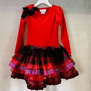 Bonnie Jean Girls Dress Red Velvet Long Sleeve Multi-color Dot Tiered Skirt Sz 4